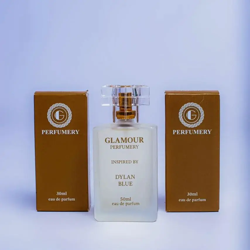 Glamour Perfumery 50ml bottle between two 30ml boxes